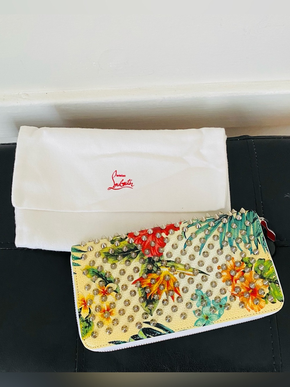 $850 Christian Louboutin Hawaii Kawai Panettone Floral Spikes Studs Zip Wallet